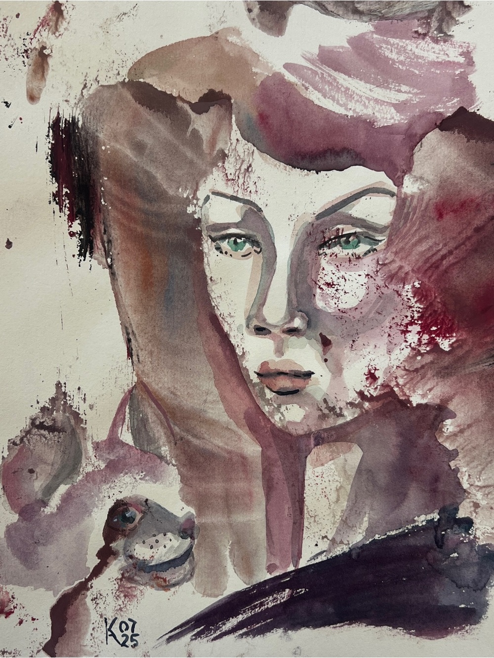 Original Abstract Watercolor Portrait in Pink and Mauve